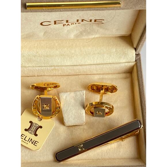 Vintage CELINE Cufflinks & Tie Clip Set 1980s – Silver Tone  Celine Paris Gold & Silver-Tone Men’s Cufflinks and Tie Clip Set
